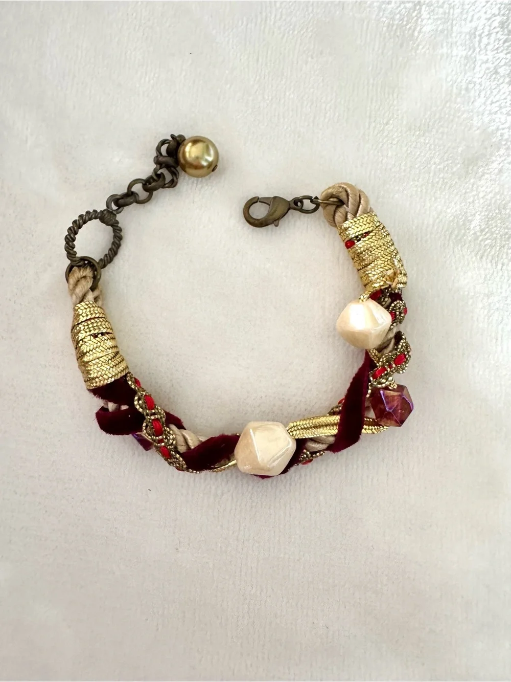 Gold and Burgundy Braided Bead Bracelet Handmade